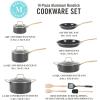 imageMartha Stewart Lockton Premium Non stick Non Toxic PFA Free Ceramic Interior 10 Piece Heavy Gauge Enamel Aluminum Pots and Pans Cookware Set  Linen White wGold HandleCombo