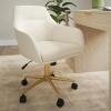 imageMartha Stewart Rayna Swivel Task Chair with Flared Arms for Home Office in Saddle Brown Faux Leather with Oil Rubbed Bronze FrameOff White FabricPolished Brass Frame