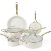 imageMartha Stewart Lockton Premium Non stick Non Toxic PFA Free Ceramic Interior 10 Piece Heavy Gauge Enamel Aluminum Pots and Pans Cookware Set  Linen White wGold HandleLinen w Gold Handle
