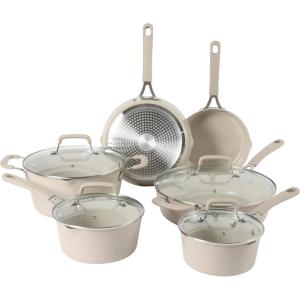 imageMartha Stewart Heathland Premium Nonstick PFA Free Ceramic Interior 10Piece Tapered Aluminum Cookware Set  Linen WhiteTaupe