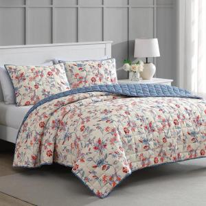 imageMartha Stewart King Size Quilt Bedding Set  3 Piece Soft Washed Microfiber Printed Bedspread Reversible All Season 1 Quilt 2 King Pillow Shams Blue White ampamp Red Painted Floral PrintNadine Painted Jacobean