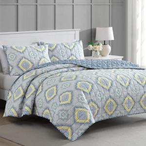 imageMartha Stewart King Size Quilt Bedding Set  3 Piece Soft Washed Microfiber Printed Bedspread Reversible All Season 1 Quilt 2 King Pillow Shams Blue White ampamp Red Painted Floral PrintJamie Medallion