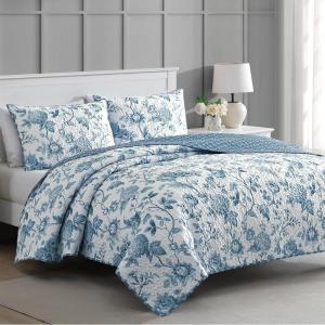 imageMartha Stewart King Size Quilt Bedding Set  3 Piece Soft Washed Microfiber Printed Bedspread Reversible All Season 1 Quilt 2 King Pillow Shams Blue White ampamp Red Painted Floral PrintTiana Floral