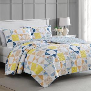 imageMartha Stewart King Size Quilt Bedding Set  3 Piece Soft Washed Microfiber Printed Bedspread Reversible All Season 1 Quilt 2 King Pillow Shams Blue White ampamp Red Painted Floral PrintKite Ditsy Patchwork