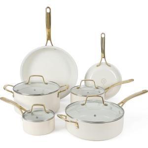 imageMartha Stewart Lockton Premium Non stick Non Toxic PFA Free Ceramic Interior 10 Piece Heavy Gauge Enamel Aluminum Pots and Pans Cookware Set  Linen White wGold HandleLinen w Gold Handle