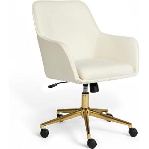 imageMartha Stewart Rayna Swivel Task Chair with Flared Arms for Home Office in Saddle Brown Faux Leather with Oil Rubbed Bronze FrameOff White FabricPolished Brass Frame