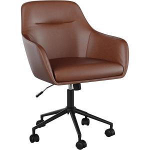 imageMartha Stewart Rayna Swivel Task Chair with Flared Arms for Home Office in Saddle Brown Faux Leather with Oil Rubbed Bronze FrameSaddle Brown Faux LeatherOil Rubbed Bronze