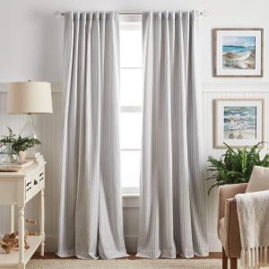 imageMartha Stewart Ticking Stripe Blackout Lining Rod PocketBack Tab Window Curtain Panel Pair 95quot WhiteGreyWhiteGrey
