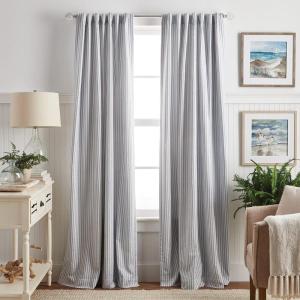 imageMartha Stewart Ticking Stripe Blackout Lining Rod PocketBack Tab Window Curtain Panel Pair 95quot WhiteGreyWhiteIndigo