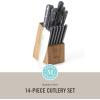 imageMARTHA STEWART Eastwalk 14 Piece High Carbon Stainless Steel Cutlery Kitchen Knife Block Set wABS Triple Riveted Forged Handle Acacia Wood Block  Linen WhiteGray