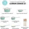 imageMartha Stewart Emmeline Premium Nonstick PFA Free Ceramic Interior 12 Piece Heavy Gauge Enamel Aluminum Pots and Pans Cookware Set  Linen WhiteTeal