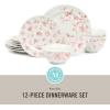 imageMartha Stewart Empress Bouquet 12 Piece Decorated Porcelain Dinnerware Plates and Bowls Set  Pink Floral Service for 4 12pcs