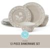 imageMartha Stewart Peony 12 Piece Porcelain Floral Chip and Scratch Resistant Dinnerware SetTaupe