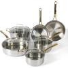 imageMartha Stewart Castelle 10 Piece 188 Durable Stainless Steel Induction Safe Pots and Pans NonToxic Kitchen Cookware Set  Gold Handles  Dishwasher SafeStainless Steel W Gold Handle