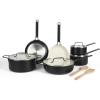 imageMartha Stewart Emmeline Premium Nonstick PFA Free Ceramic Interior 12 Piece Heavy Gauge Enamel Aluminum Pots and Pans Cookware Set  Linen WhiteBlack