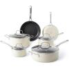 imageMartha Stewart Lockton Premium Nonstick 10 Piece Enamel Heavy Gauge Aluminum Pots and Pans Cookware Set  Linen WhiteLinen