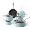 imageMartha Stewart Lockton Premium Nonstick 10 Piece Enamel Heavy Gauge Aluminum Pots and Pans Cookware Set  Linen WhiteMartha Blue