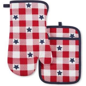 imageMARTHA STEWART Americana Star Gihgham Oven Mitt ampamp Pot Holder Set 100 Cotton Heat Resistant Patriotic USA America Decor RedWhiteBlue 7quotx13quot ampamp 7quotx10quot
