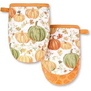 imageMARTHA STEWART Autumn Harvest Pumpkins Mini Oven Mitt 2Pack Set 100 Cotton with Decorative NonSlip Silicone Grip Heat Resistant OrangeGreenIvory 55quotX8quotOrangeGreenIvory