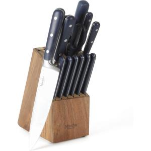 imageMARTHA STEWART Eastwalk 14 Piece High Carbon Stainless Steel Cutlery Kitchen Knife Block Set wABS Triple Riveted Forged Handle Acacia Wood Block  Linen WhiteNavy Blue