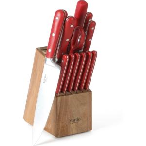 imageMARTHA STEWART Eastwalk 14 Piece High Carbon Stainless Steel Cutlery Kitchen Knife Block Set wABS Triple Riveted Forged Handle Acacia Wood Block  Linen WhiteRed