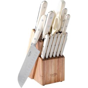 imageMARTHA STEWART Eastwalk 14 Piece High Carbon Stainless Steel Cutlery Kitchen Knife Block Set wABS Triple Riveted Forged Handle Acacia Wood Block  Linen WhiteLinen Ashwood Block