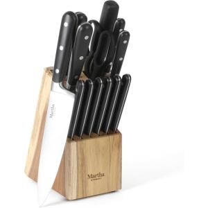 imageMARTHA STEWART Eastwalk 14 Piece High Carbon Stainless Steel Cutlery Kitchen Knife Block Set wABS Triple Riveted Forged Handle Acacia Wood Block  Linen WhiteMatte Black