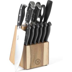 imageMARTHA STEWART Eastwalk 14 Piece High Carbon Stainless Steel Cutlery Kitchen Knife Block Set wABS Triple Riveted Forged Handle Acacia Wood Block  Linen WhiteBlack