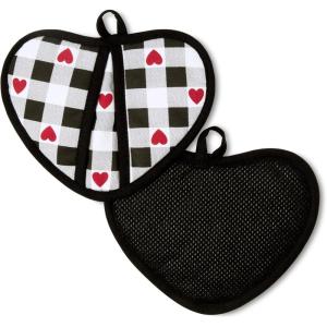 imageMARTHA STEWART Love Check Gingham Heart Shaped Pot Holder 2Pack Set 100 Cotton Heat Resistant with Flexible Silicone Grip Valentines Day Dcor BlackWhiteRed 7x85
