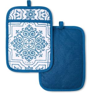 imageMARTHA STEWART Strie Medallion Pot Holder 2Pack Set Heat Resistant NonSlip Silicone Grip Navy Blue 7quotx10quot