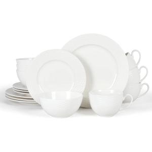 imageMartha Stewart 16 Piece Basket Weave New Bone China Embossed Porcelain Chip and Scratch Resistant Dinnerware SetWhite