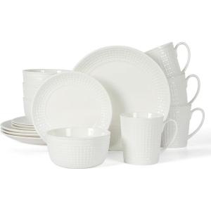 imageMartha Stewart 16 Piece Basket Weave New Bone China Embossed Porcelain Chip and Scratch Resistant Dinnerware SetWhite Basket Weave