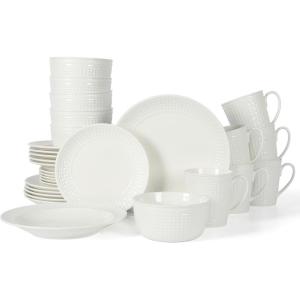 imageMartha Stewart 16 Piece Basket Weave New Bone China Embossed Porcelain Chip and Scratch Resistant Dinnerware SetWhite Embossed