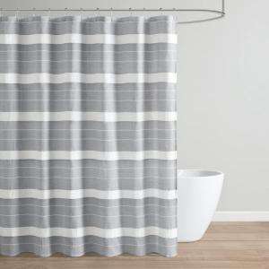 imageMartha Stewart Adrien Farmhouse Shower Curtain Neutral Color Striped Design with Pleated Accent Soft Woven Fabric Shower Curtain Boho Modern Bathroom Dcor Machine Washable 72quot x 72quot DenimCharcoal