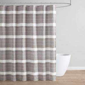 imageMartha Stewart Adrien Farmhouse Shower Curtain Neutral Color Striped Design with Pleated Accent Soft Woven Fabric Shower Curtain Boho Modern Bathroom Dcor Machine Washable 72quot x 72quot DenimLinen