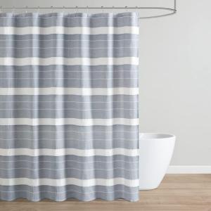 imageMartha Stewart Adrien Farmhouse Shower Curtain Neutral Color Striped Design with Pleated Accent Soft Woven Fabric Shower Curtain Boho Modern Bathroom Dcor Machine Washable 72quot x 72quot DenimDenim