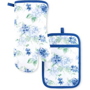 imageMartha Stewart Amber Floral Oven Mitt ampamp Pot Holder Set 2Pack BlueGreen OM 7quotx13quot ampamp PH 7quotx10quotBlue