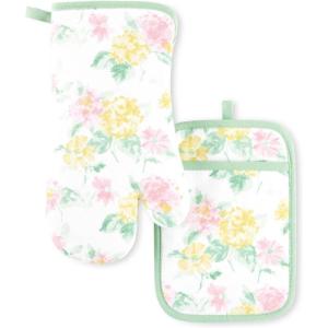 imageMartha Stewart Amber Floral Oven Mitt ampamp Pot Holder Set 2Pack BlueGreen OM 7quotx13quot ampamp PH 7quotx10quotPetal Pink