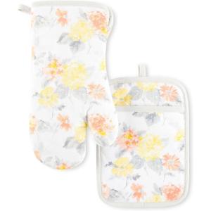 imageMartha Stewart Amber Floral Oven Mitt ampamp Pot Holder Set 2Pack BlueGreen OM 7quotx13quot ampamp PH 7quotx10quotYellowCoral