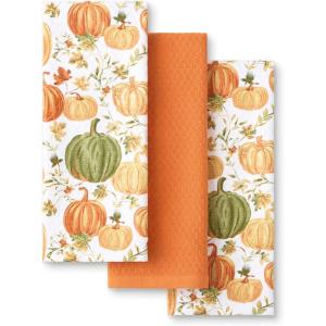imageMartha Stewart Autumn Harvest Pumpkins Kitchen Towel 3Pack Set 100 Cotton with Absorbent Terrycloth Decorative Kitchen Towels OrangeGreenIvory 16quotx28quotOrangeGreenIvory