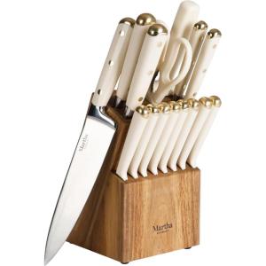 imageMartha Stewart Carverton 6quot Cleaver Knife High Carbon Stainless Steel Kitchen Knives wBlack Triple Riveted HandleLinen W Gold Knife Block