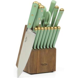 imageMartha Stewart Carverton 6quot Cleaver Knife High Carbon Stainless Steel Kitchen Knives wBlack Triple Riveted HandleSage Green W Gold Knife Block