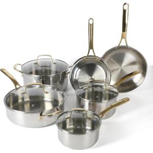 imageMartha Stewart Castelle 10 Piece 188 Durable Stainless Steel Induction Safe Pots and Pans NonToxic Kitchen Cookware Set  Gold Handles  Dishwasher SafeStainless Steel W Gold Handle
