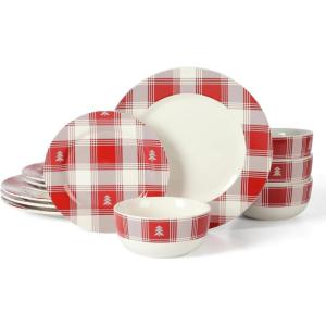 imageMartha Stewart Christmas Plates 12 Piece Decorated Red and White Stoneware Dinnerware SetRedWhite Plaid