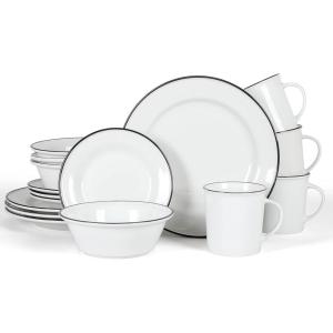 imageMartha Stewart Cliffield 16Piece Porcelain Chip and Scratch Resistant Dinnerware Set  White wBlack RimWhite w Black Rim
