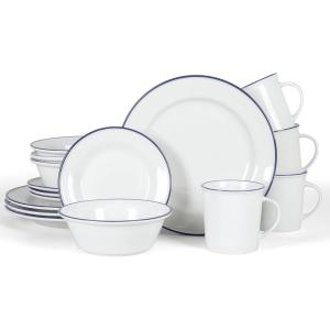 imageMartha Stewart Cliffield 16Piece Porcelain Chip and Scratch Resistant Dinnerware Set  White wBlack RimWhite w Blue Rim