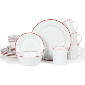 imageMartha Stewart Cliffield 16Piece Porcelain Chip and Scratch Resistant Dinnerware Set  White wBlack RimWhite w Red Rim
