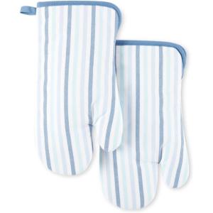 imageMartha Stewart Daisy Stripe Oven Mitt Set 2Pack BeigeBrown 7quotx13quotBlue