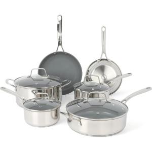 imageMartha Stewart Delaroux 10 Piece Stainless Steel Pots and Pans Kitchen Cookware Set wPFAs Free Premium Nonstick Ceramic Interior