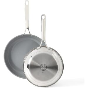 imageMartha Stewart Delaroux Stainless Steel 95quot ampamp 12quot PFAs Free Premium Ceramic Nonstick Fry Pan Set